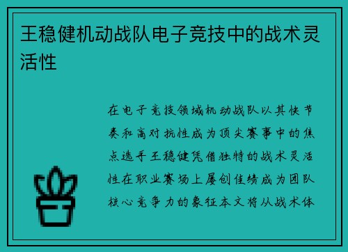 王稳健机动战队电子竞技中的战术灵活性